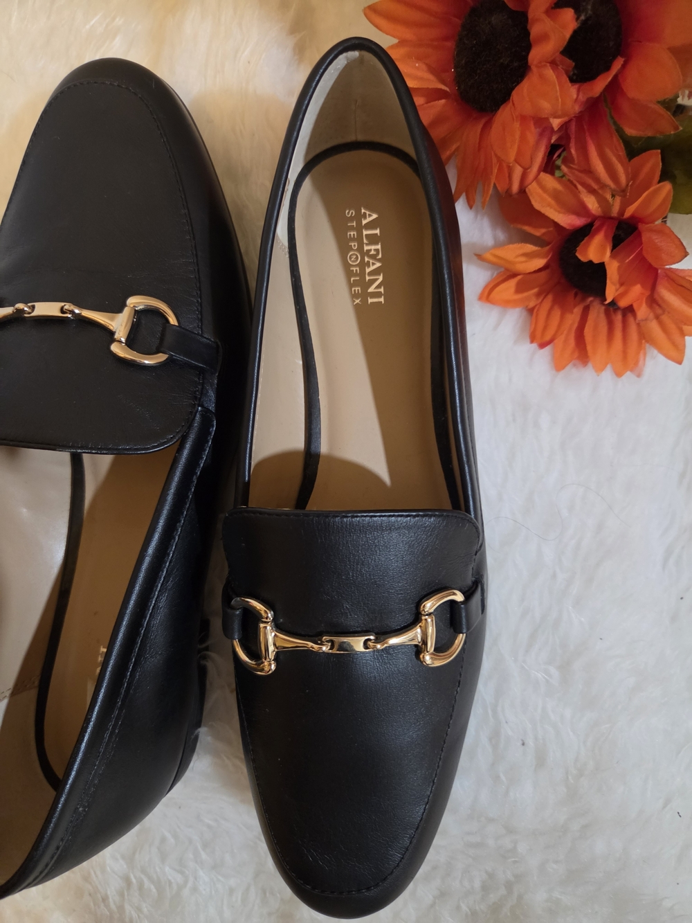 Alfani Black Leather Loafers with Gold Horsebit Accent